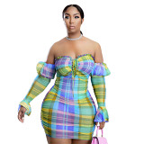 Strapless off shoulder sexy tulle women dress short plaid printing dresses for women