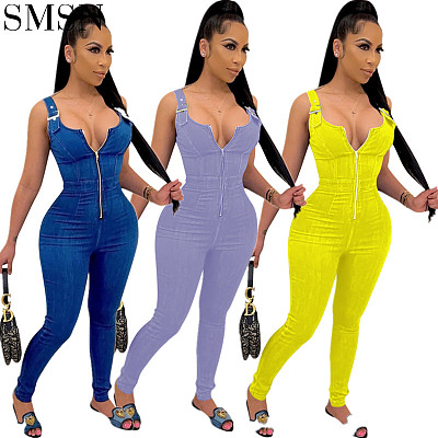 solid color casual bodycon jumpsuit and romper one piece denim jumpsuit wholesale clothing