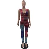 Wholesale deep V neck bodycon printing one piece sleeveless jumpsuit women