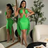 Halter Sexy Summer Solid Color Hollow Out Women Dress Tassel Midi Club Wear