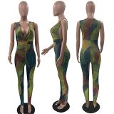 Wholesale deep V neck bodycon printing one piece sleeveless jumpsuit women
