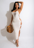 solid color sleeveless tulle splicing bodycon sexy hollow out maxi dress wholesale clothing