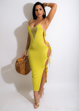 solid color sleeveless tulle splicing bodycon sexy hollow out maxi dress wholesale clothing