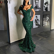 New Trendy Sequins Decor One Shoulder Maxi Bodycon Party Prom Dress Ladies Elegant Casual Dresses Women Clothing