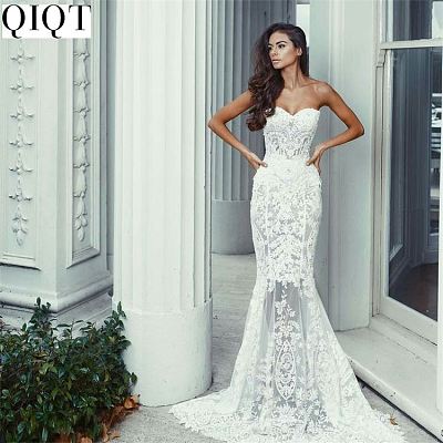 SHINING Best Design Elegant Tube Top Lace Dress Solid Color Bag Hip Mopping Fishtail Evening Dress