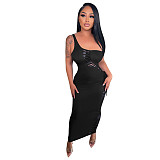 One Shoulder Sexy Hollow Out Solid Color Women Long Dress