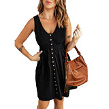 Button Solid Color Street Wear Sexy Sleeveless V Neck Midi Women Dress