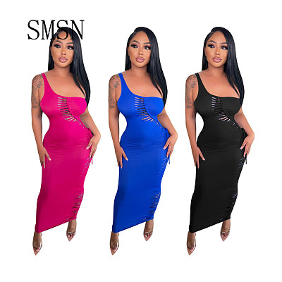 One Shoulder Sexy Hollow Out Solid Color Women Long Dress