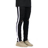 Summer Fashion Trend Striped Solid Color Ripped Slim Jeans Men's Pant