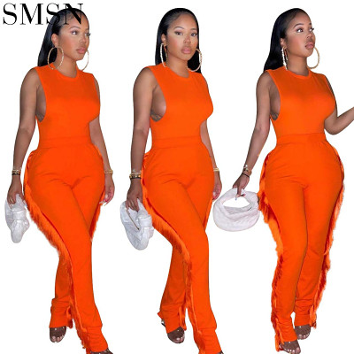 summer solid color casual bodycon jumpsuit and romper orange color tassels sleeveless jumpsuit