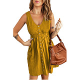 Button Solid Color Street Wear Sexy Sleeveless V Neck Midi Women Dress