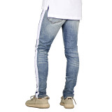 Summer Fashion Trend Striped Solid Color Ripped Slim Jeans Men's Pant