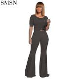 Summer flare pants bell-bottoms Solid Color Sports Sets crop top 2 piece outfits For Women