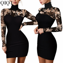 New Design Lace Patchwork Long Sleeve Floral Bodycon Evening Dress Elegant Spring Dresses 2022 Women Clothing
