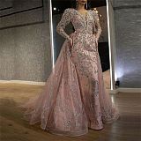 Best Design Sexy Slim Tailed Long Pink Sequined V neck Wedding Guest Dress sexy night dress