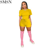 High quality women short sleeve two pieces pants set solid color  two pieces set
