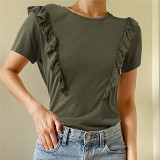 Casual Loose Pure Color Short Sleeve Blouses O Neck Top Women Shirt