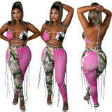 Sexy Pattern Print Sling Nightclub Halter Pant Set Woman Two Piece Suit