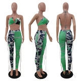 Sexy Pattern Print Sling Nightclub Halter Pant Set Woman Two Piece Suit