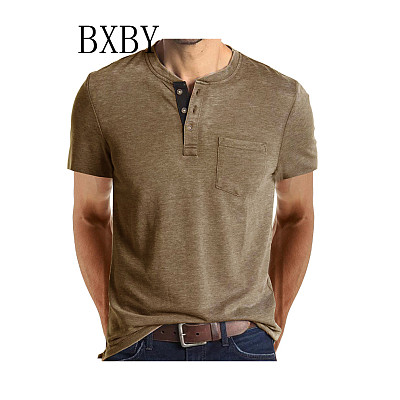 Summer Casual Solid Color Short Sleeve O Neck Button Shirt Elastic Men Top
