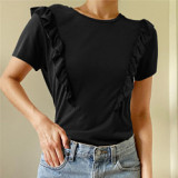 Casual Loose Pure Color Short Sleeve Blouses O Neck Top Women Shirt
