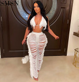 Summer new fund sexy women's fashion knits hollow out perspective tassel see through two pieces pants set