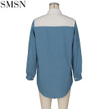 wholesale Spring and summer new  fashion women's shirt leisure cowboy splicing patch in the long shirt's dress