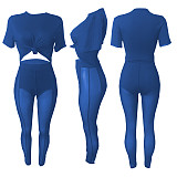 Women tulle splicing casual women crop top set mesh matching wholesale two piece pants set