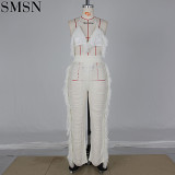 Summer new fund sexy women's fashion knits hollow out perspective tassel see through two pieces pants set