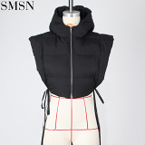 New Trendy Autumn Spring new hooded side leakage sleeveless strap short waistcoat versatile fashion bread wear