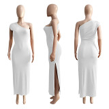 Wholesale solid color elegant one shoulder split maxi women casual dresses
