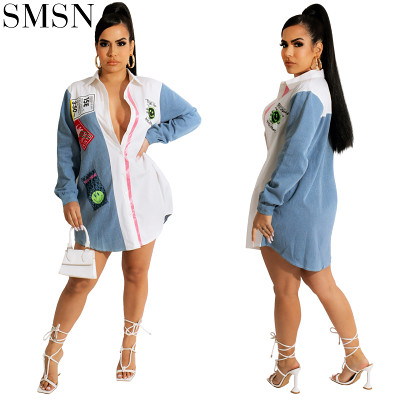wholesale Spring and summer new  fashion women's shirt leisure cowboy splicing patch in the long shirt's dress