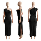 Wholesale solid color elegant one shoulder split maxi women casual dresses