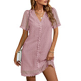 Women Casual Dresses Summer Short Sleeve Double Chiffon Lace Dress