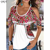 Summer Women Clothing Casual Loose V Neck Printed Short Sleeve Top T Shirt