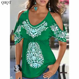 Summer Women Clothing Casual Loose V Neck Printed Short Sleeve Top T Shirt
