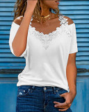 V-neck stitching short sleeve lace cutout casual loose T-shirt