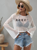 2022 Summer Amazon New Knit Sweater Flared Sleeve Loose Round Neck Hollow Beach Sweater