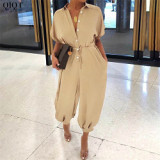 2022 New Arrival Retro Short Sleeve Button Loose Casual Jumpsuit