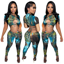 Women New Color Printed Cutout crop Top Stretch Pants Set