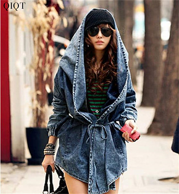 Women'S Medium Length Hooded Jean Coat