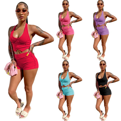 Amazon solid color shorts two pieces set fashion casual women set
