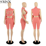 hot seller round neck sleeveless fashion embroidery slit number two pieces short set