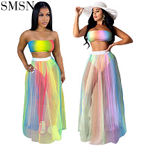 hot seller printed breast - wrapped double - piece set with colorful gauze skirt club two pieces holiday skirt set