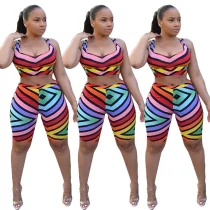 9040301 Women's rainbow printed two piece vest set