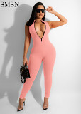 The new stretch little pit strip zipper women's jumpsuit is full of candy Color model romper and jumpsuit