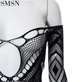 Spring new sexy one-word shoulder long sleeve tight hollow-out pants jumpsuit