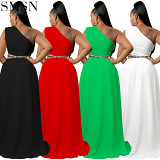 sexy hollow solid color diagonal shoulder irregular slit long dress for women