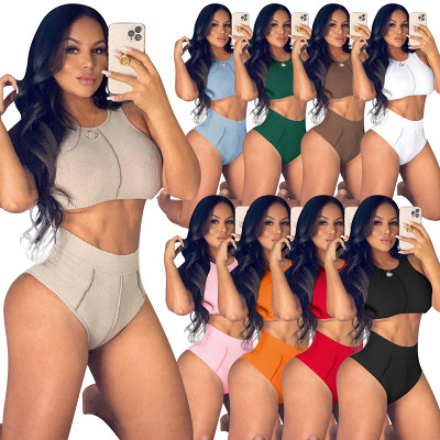 Amazon Summer women solid color sleeveless underwaist women crop top set two piece shorts set