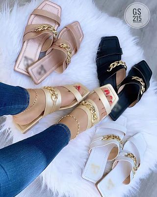 Large size metal chain square toe slippers for women